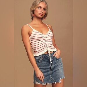 Sunny City Red and White Striped Ruched Cropped Tank Top